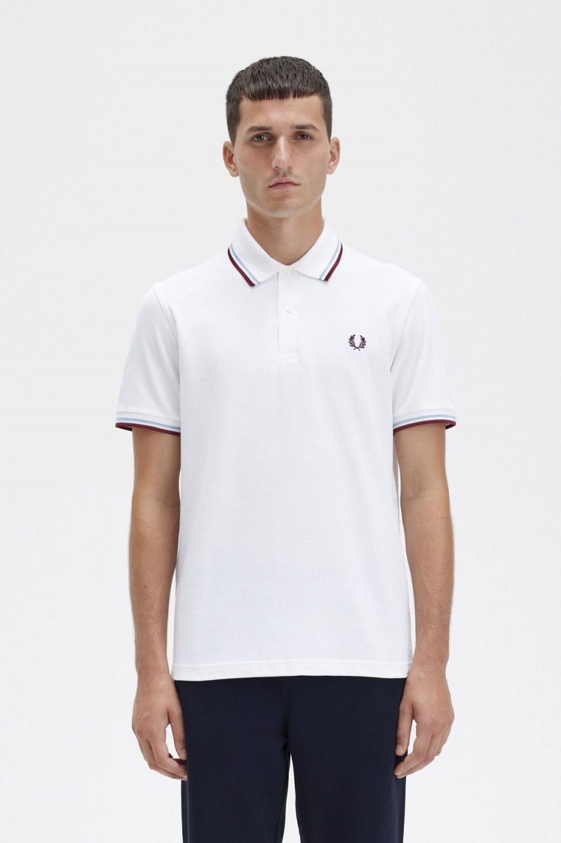 Fred Perry M12 Men\'s Shirt White Aqua Maroon | TOFPB0971