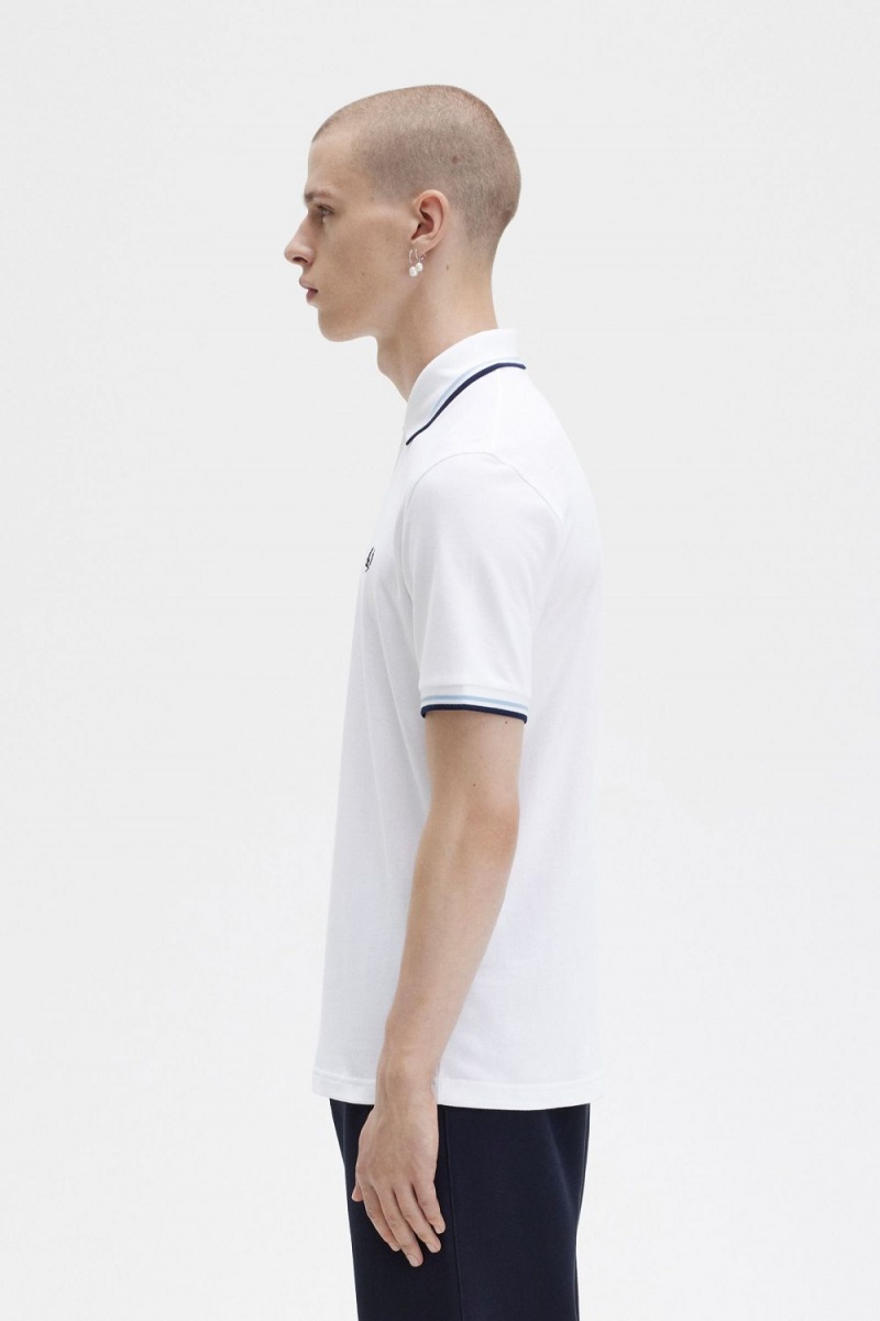 Fred Perry M12 Men's Shirt White Aqua Navy | VWEST8156