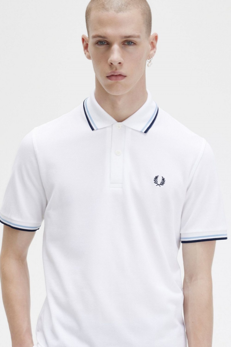 Fred Perry M12 Men's Shirt White Aqua Navy | VWEST8156