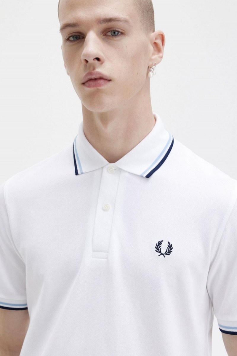 Fred Perry M12 Men's Shirt White Aqua Navy | VWEST8156