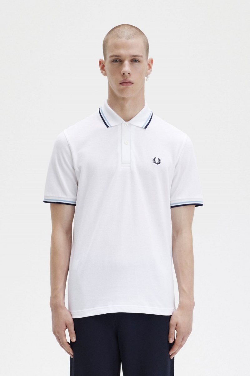 Fred Perry M12 Men\'s Shirt White Aqua Navy | VWEST8156