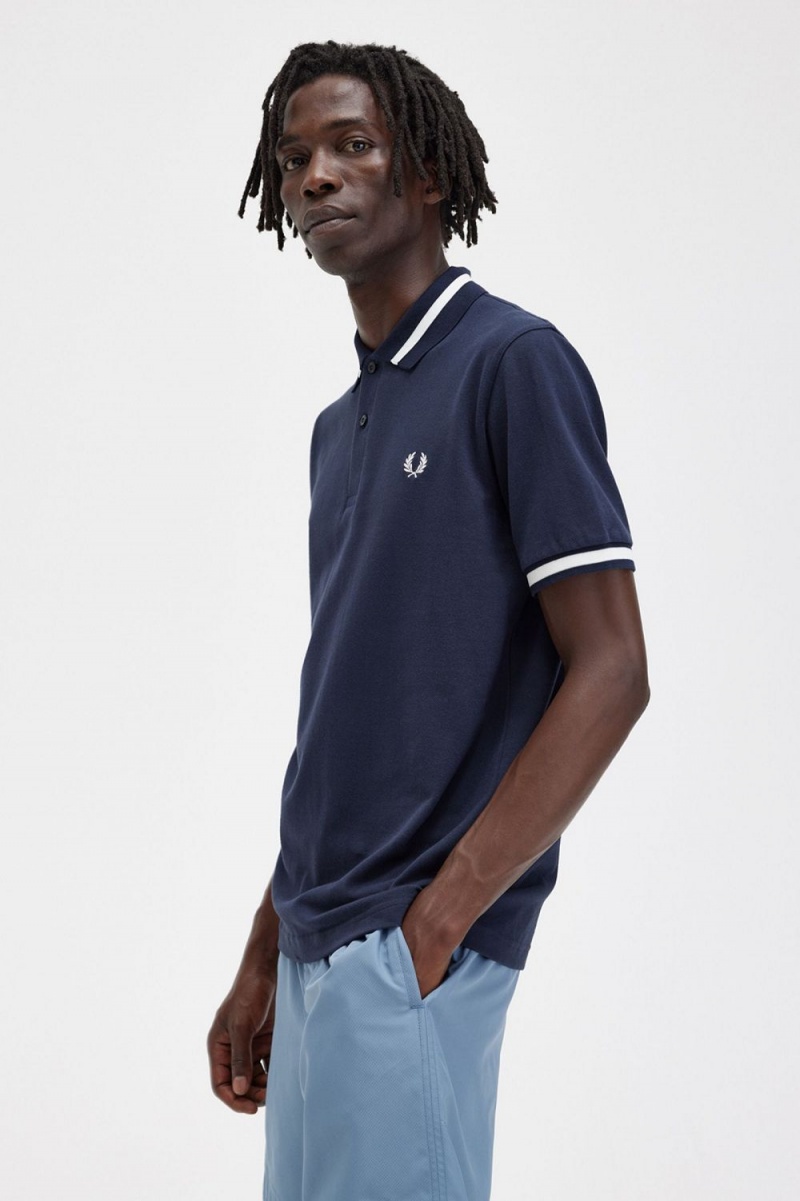 Fred Perry M2 Men's Shirt Navy Snow White | CVKQH1054