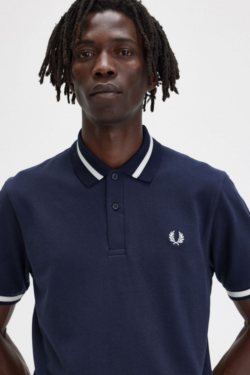 Fred Perry M2 Men's Shirt Navy Snow White | CVKQH1054