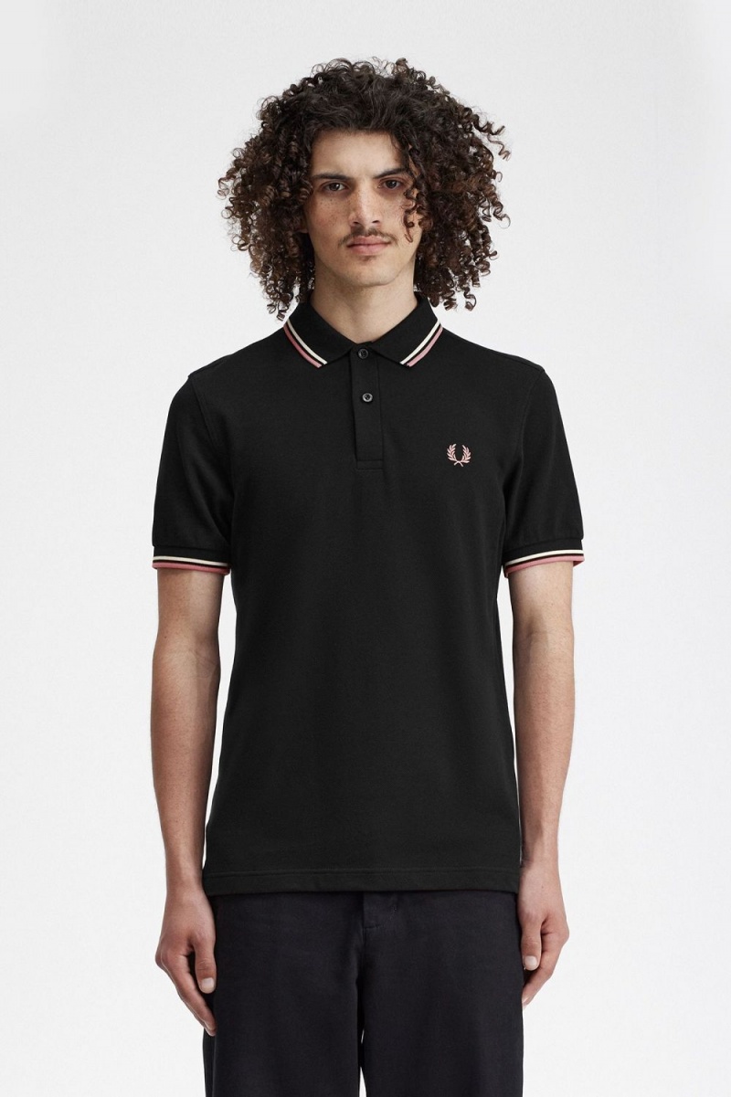 Fred Perry M3600 Men\'s Shirt Black Beige Dusty Rose Pink | UKCIJ7931