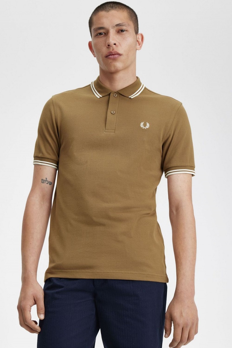 Fred Perry M3600 Men's Shirt Brown Snow White Beige | SMDJA1930