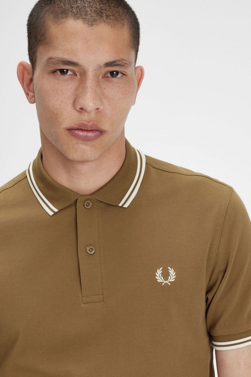 Fred Perry M3600 Men's Shirt Brown Snow White Beige | SMDJA1930