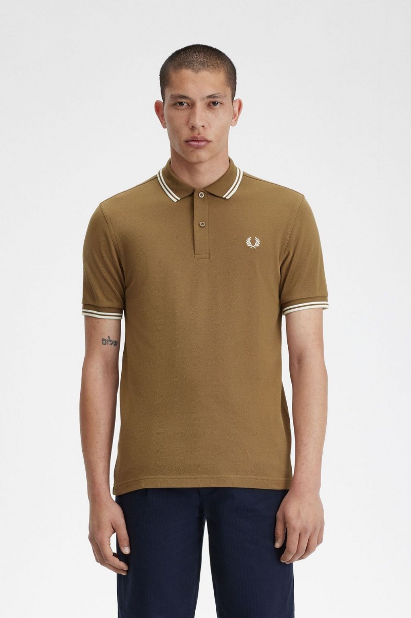 Fred Perry M3600 Men\'s Shirt Brown Snow White Beige | SMDJA1930