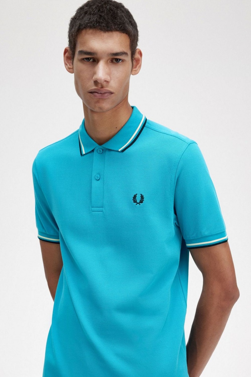 Fred Perry M3600 Men's Shirt Cyber Blue Aqua Cream Black | RIBAJ2439