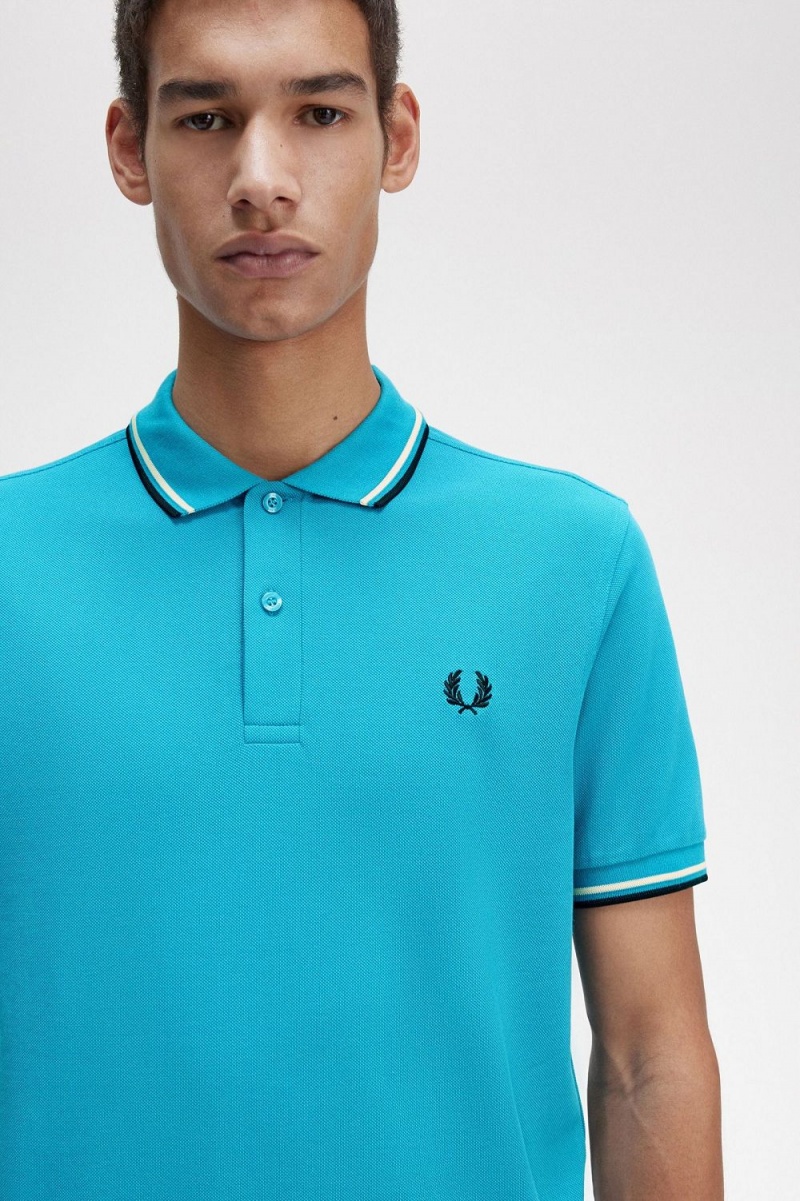 Fred Perry M3600 Men's Shirt Cyber Blue Aqua Cream Black | RIBAJ2439