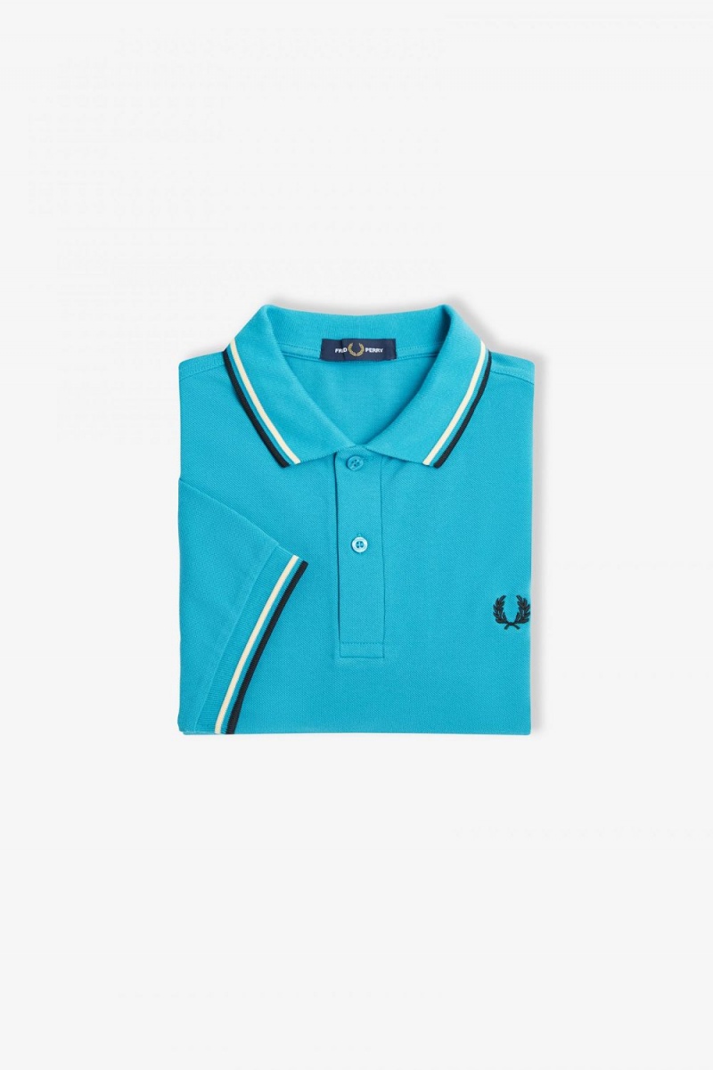 Fred Perry M3600 Men's Shirt Cyber Blue Aqua Cream Black | RIBAJ2439