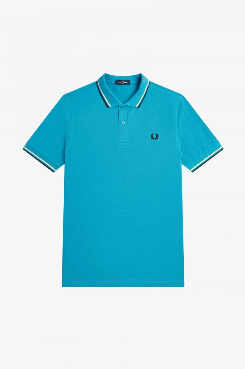 Fred Perry M3600 Men's Shirt Cyber Blue Aqua Cream Black | RIBAJ2439