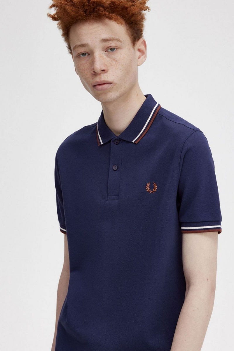 Fred Perry M3600 Men's Shirt French Navy Beige Whisky Brown | ISVXB0953