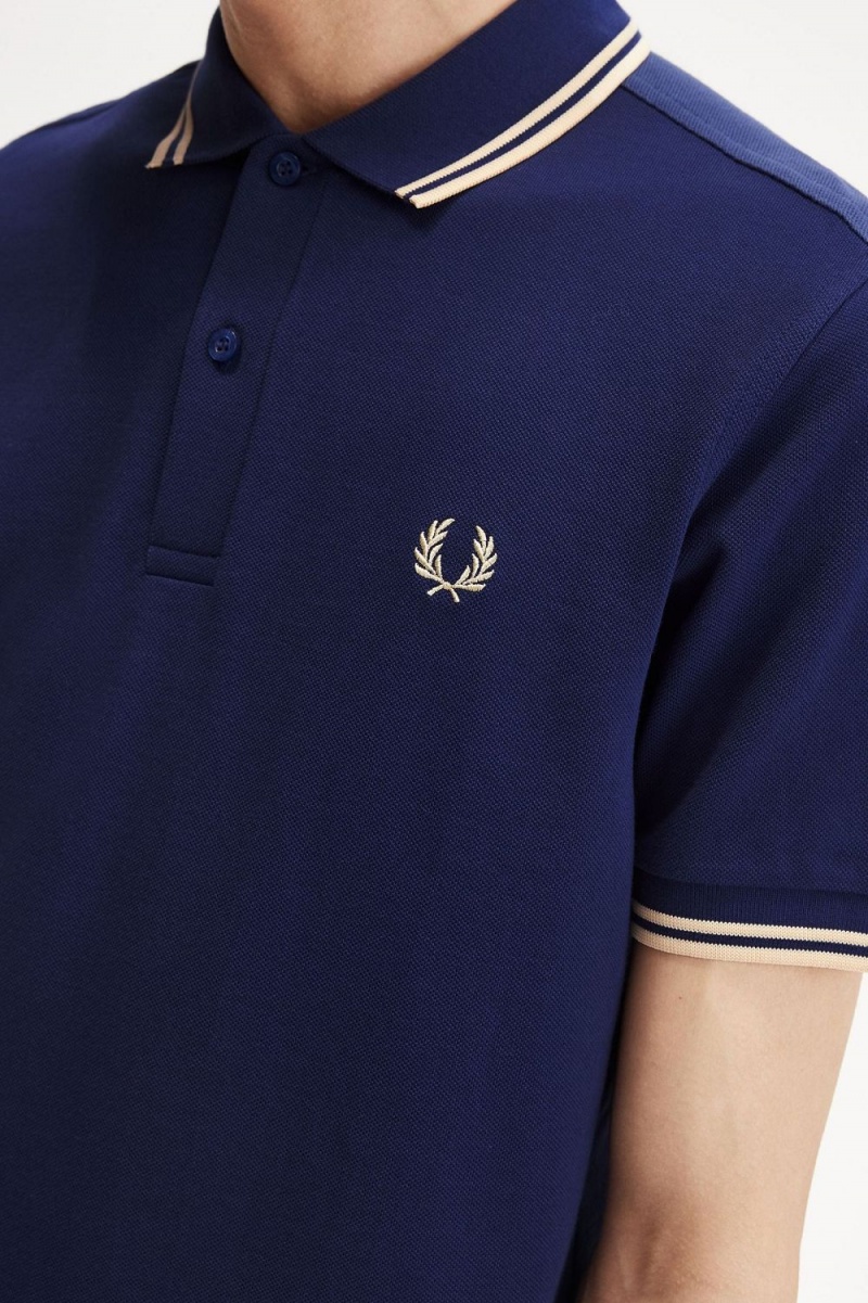 Fred Perry M3600 Men's Shirt French Navy Aqua Cream Aqua Cream | GIKXF5942