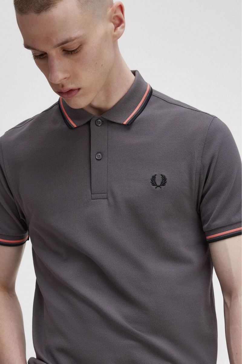 Fred Perry M3600 Men's Shirt Gunmetal Coral Heat Black | WKXNA7809