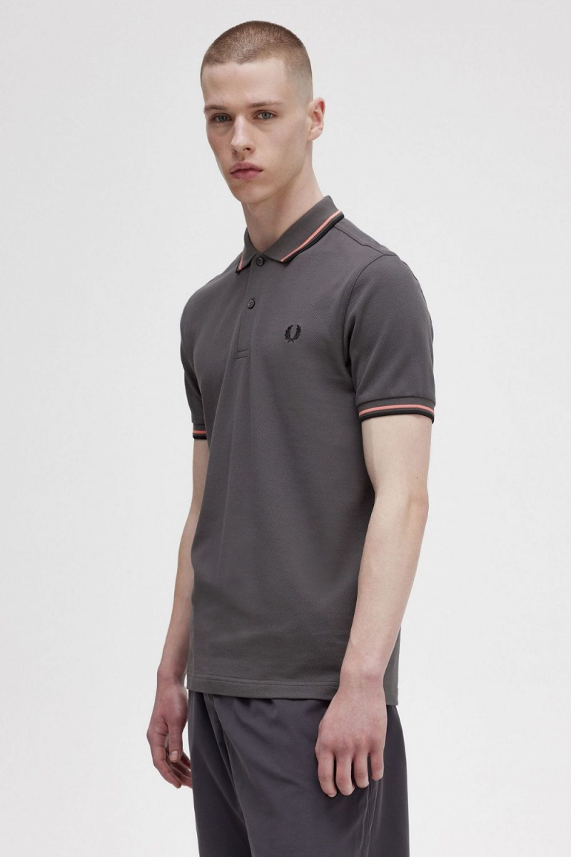 Fred Perry M3600 Men's Shirt Gunmetal Coral Heat Black | WKXNA7809