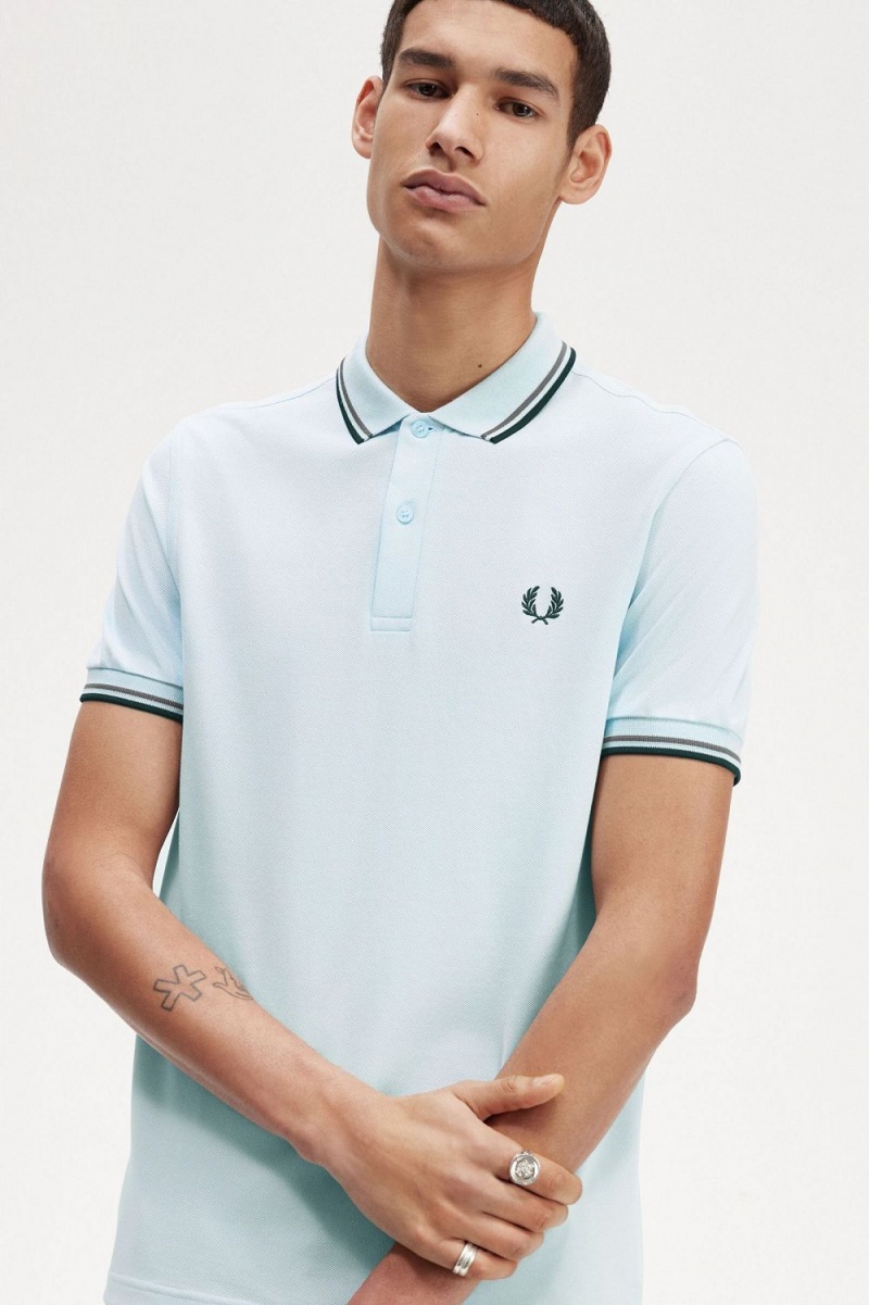 Fred Perry M3600 Men's Shirt Light Aqua Field Green Black | LUWRS4139