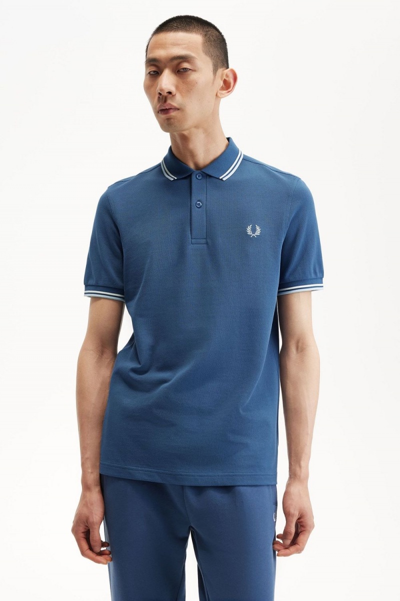 Fred Perry M3600 Men's Shirt Midnight Blue Beige Light Aqua | UFBTR4835