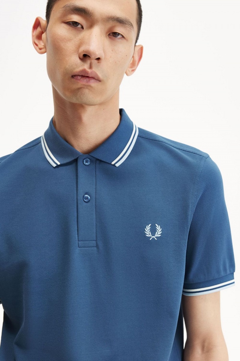 Fred Perry M3600 Men's Shirt Midnight Blue Beige Light Aqua | UFBTR4835