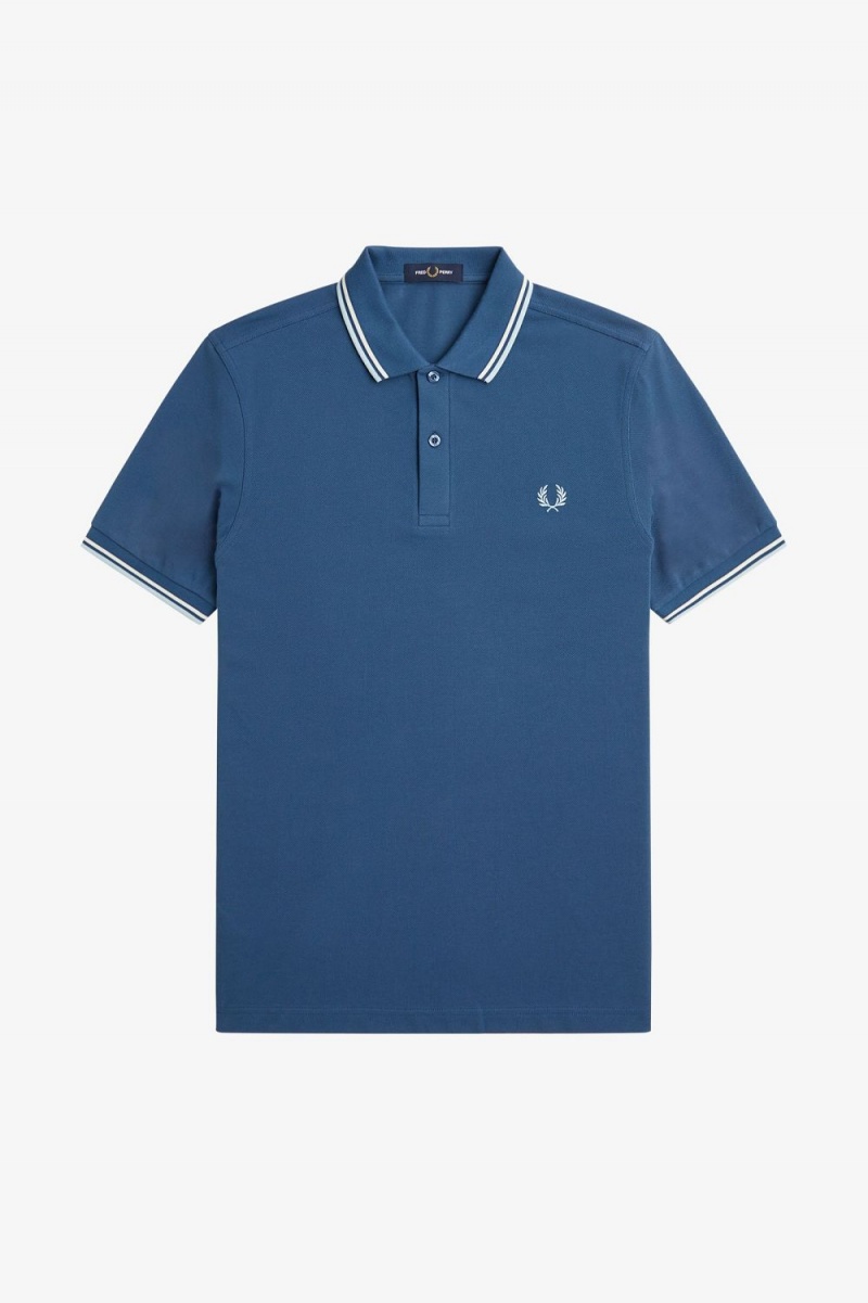 Fred Perry M3600 Men's Shirt Midnight Blue Beige Light Aqua | UFBTR4835