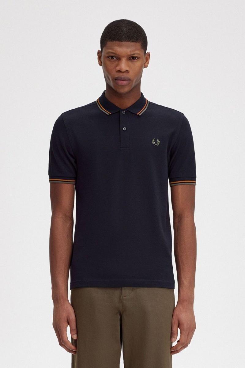 Fred Perry M3600 Men\'s Shirt Navy Brown Field Green | HTOMG2739