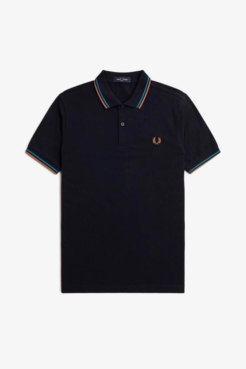 Fred Perry M3600 Men's Shirt Navy Cyber Blue Light Rust | MAQIJ9435