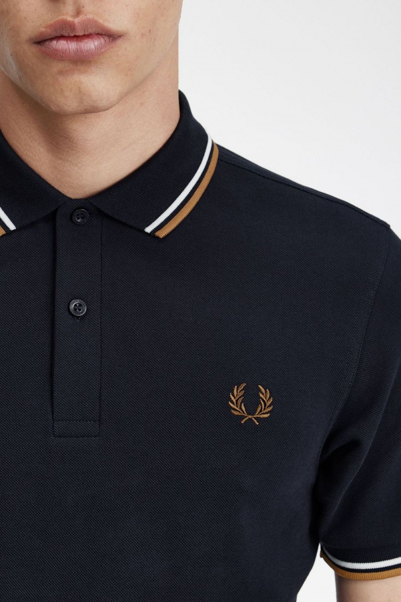 Fred Perry M3600 Men's Shirt Navy Snow White Brown | FGZAO7840