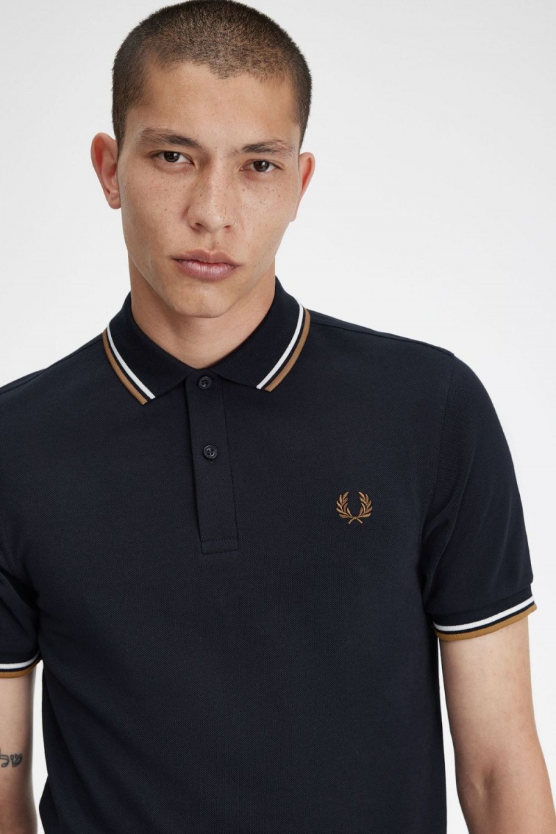 Fred Perry M3600 Men's Shirt Navy Snow White Brown | FGZAO7840