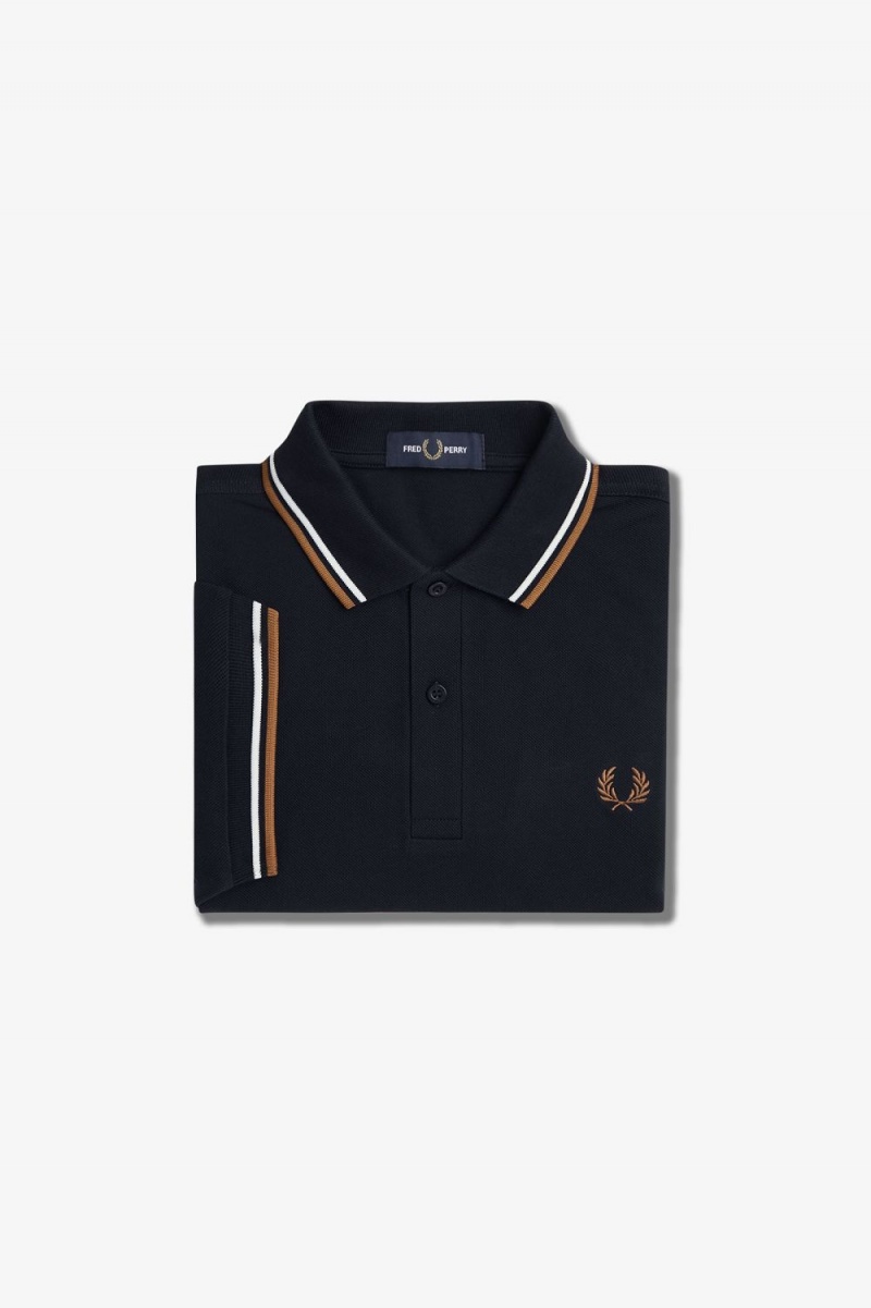 Fred Perry M3600 Men's Shirt Navy Snow White Brown | FGZAO7840