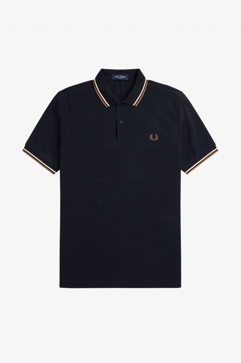 Fred Perry M3600 Men's Shirt Navy Snow White Brown | FGZAO7840