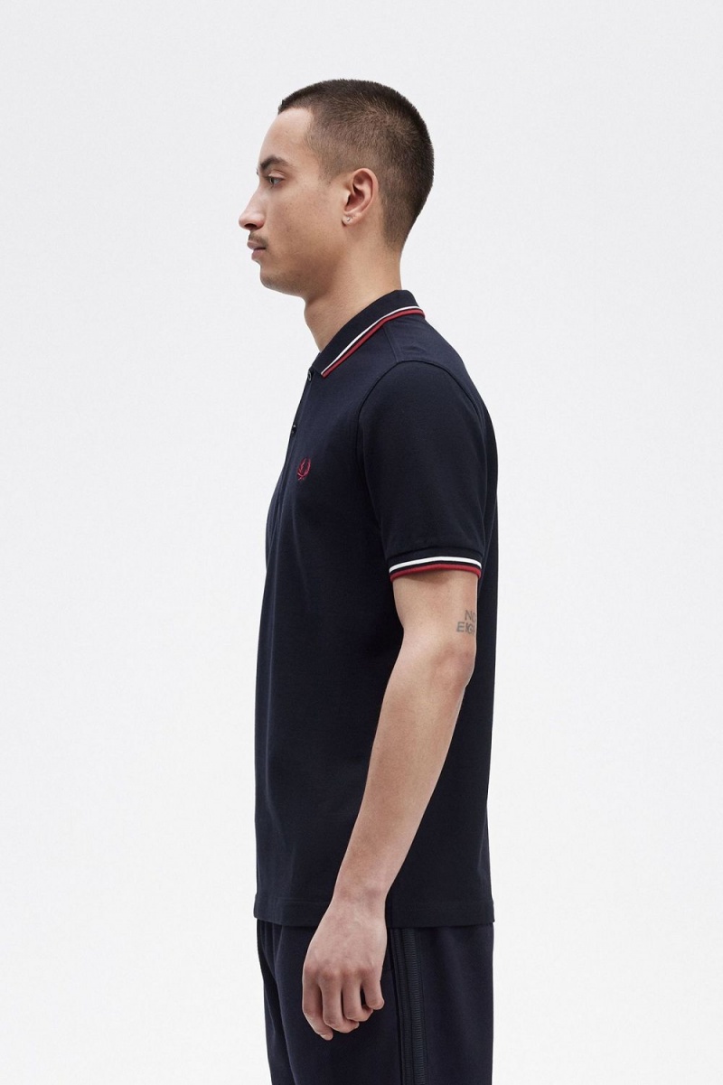 Fred Perry M3600 Men's Shirt Navy Snow White Burnt Red | PFNZE7902