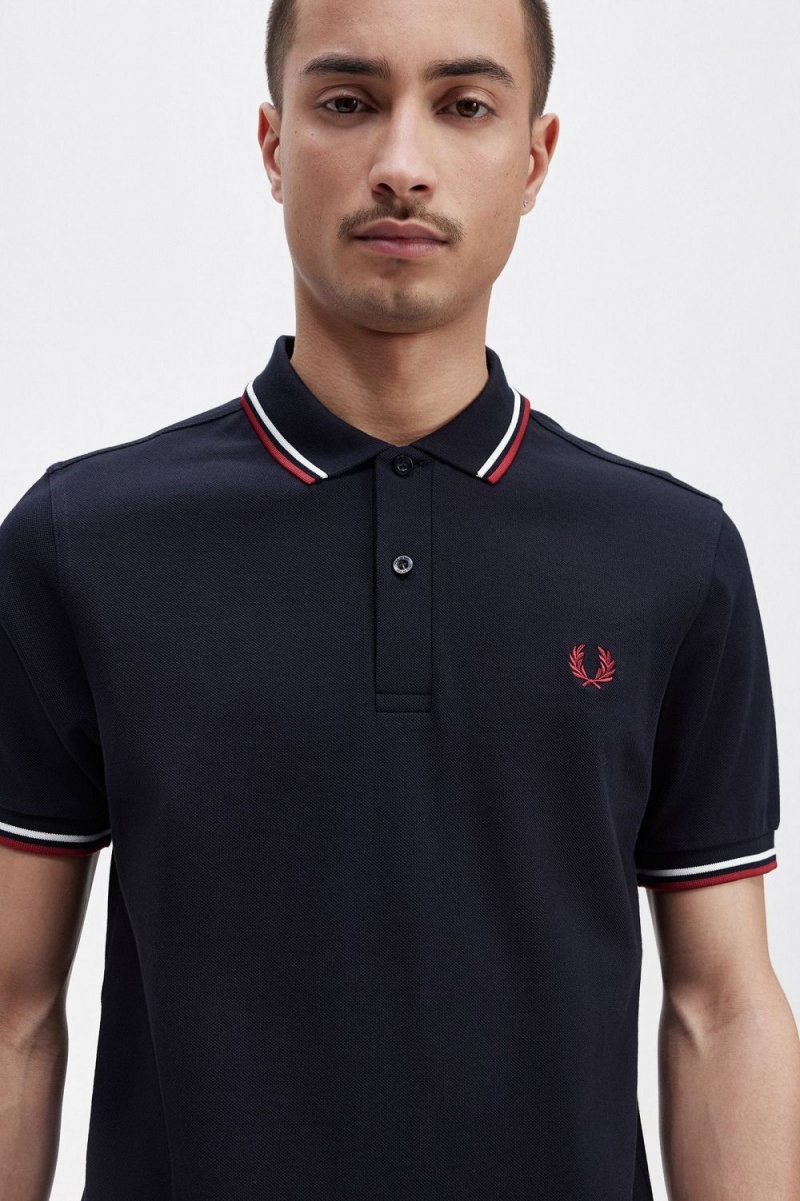 Fred Perry M3600 Men's Shirt Navy Snow White Burnt Red | PFNZE7902