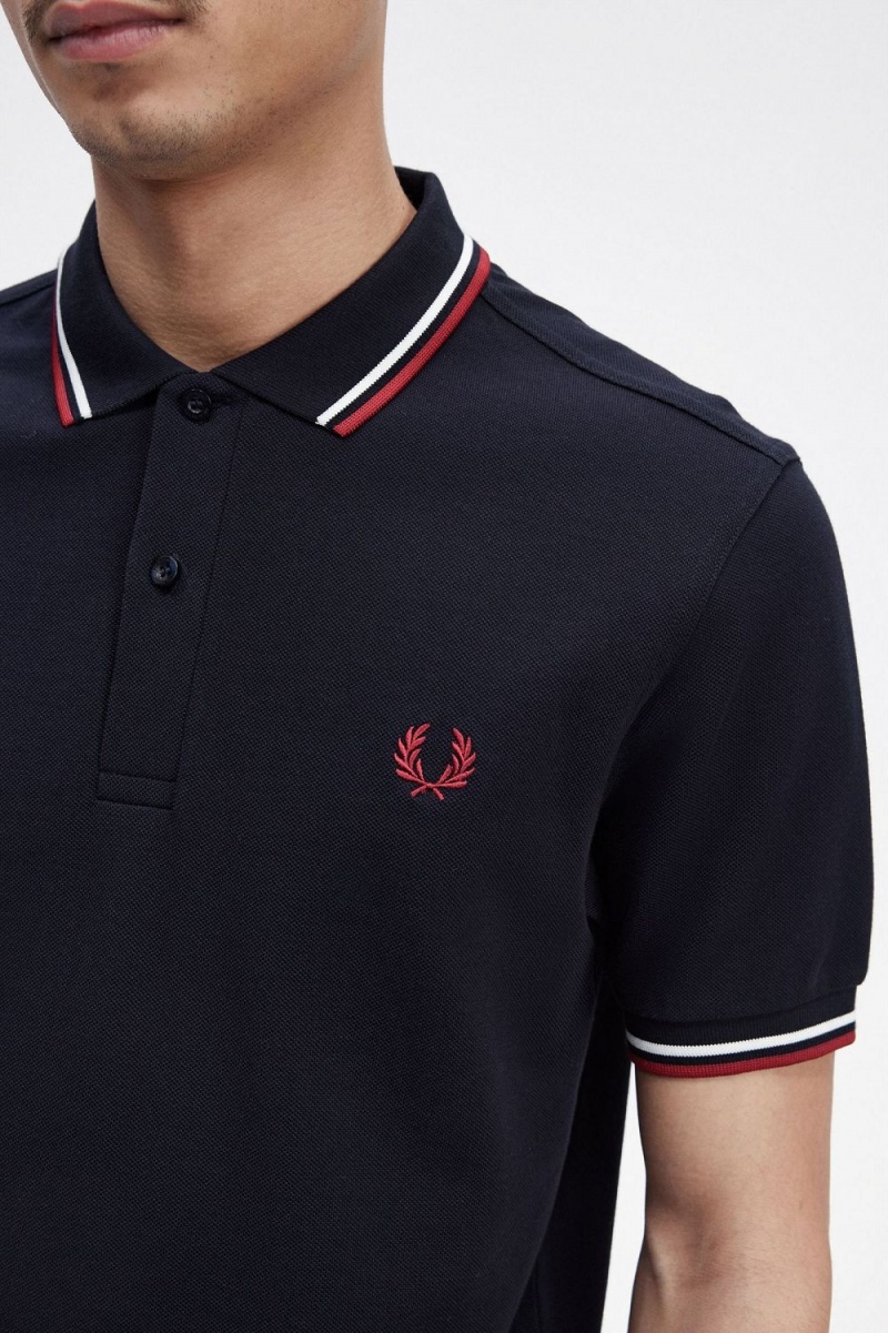 Fred Perry M3600 Men's Shirt Navy Snow White Burnt Red | PFNZE7902