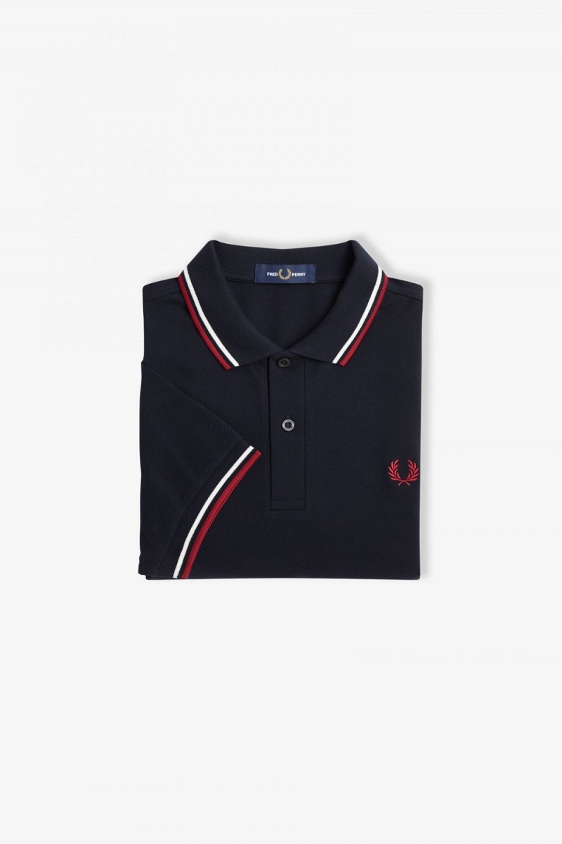 Fred Perry M3600 Men's Shirt Navy Snow White Burnt Red | PFNZE7902