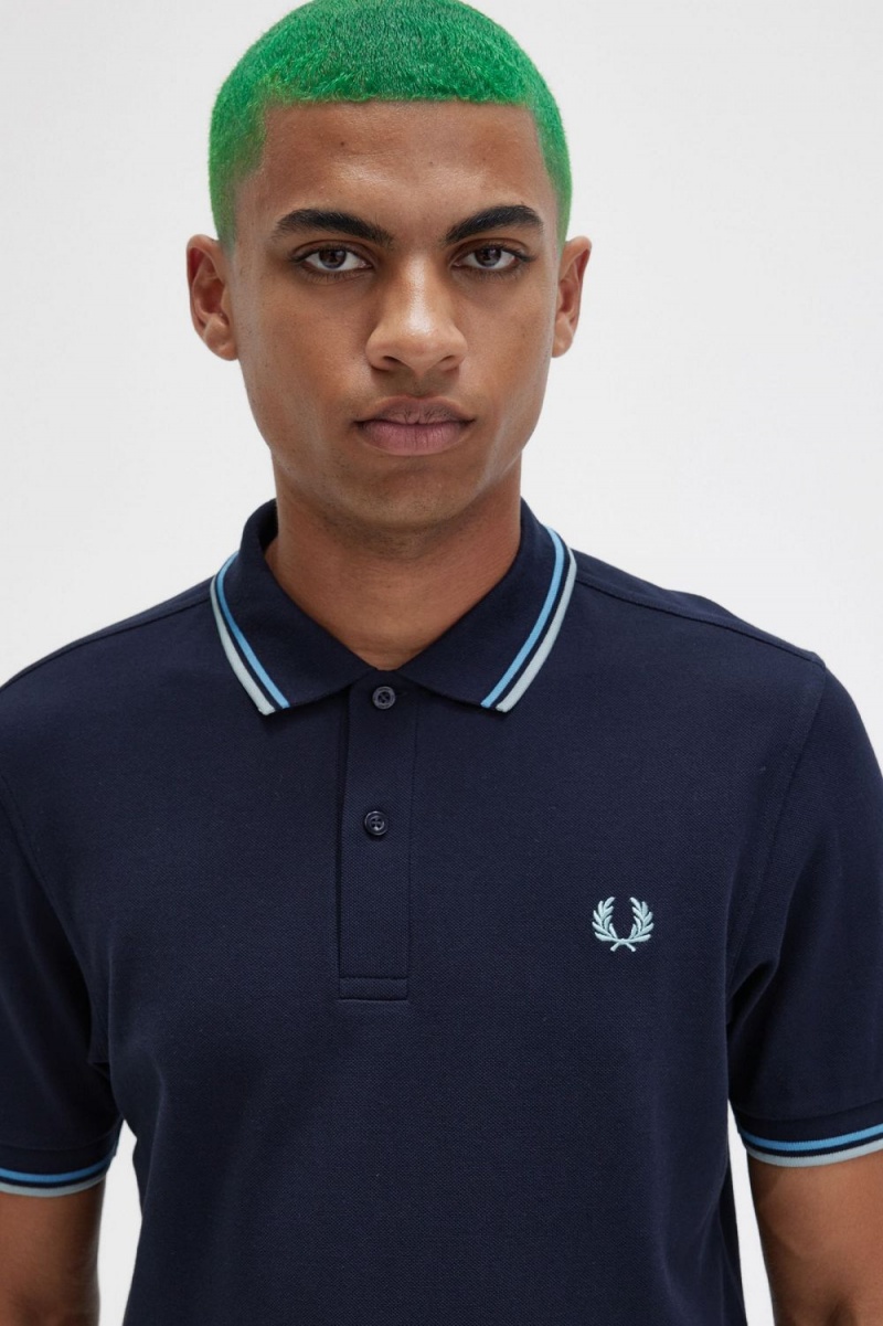 Fred Perry M3600 Men's Shirt Navy Soft Blue Silver Blue | FOZDN5063