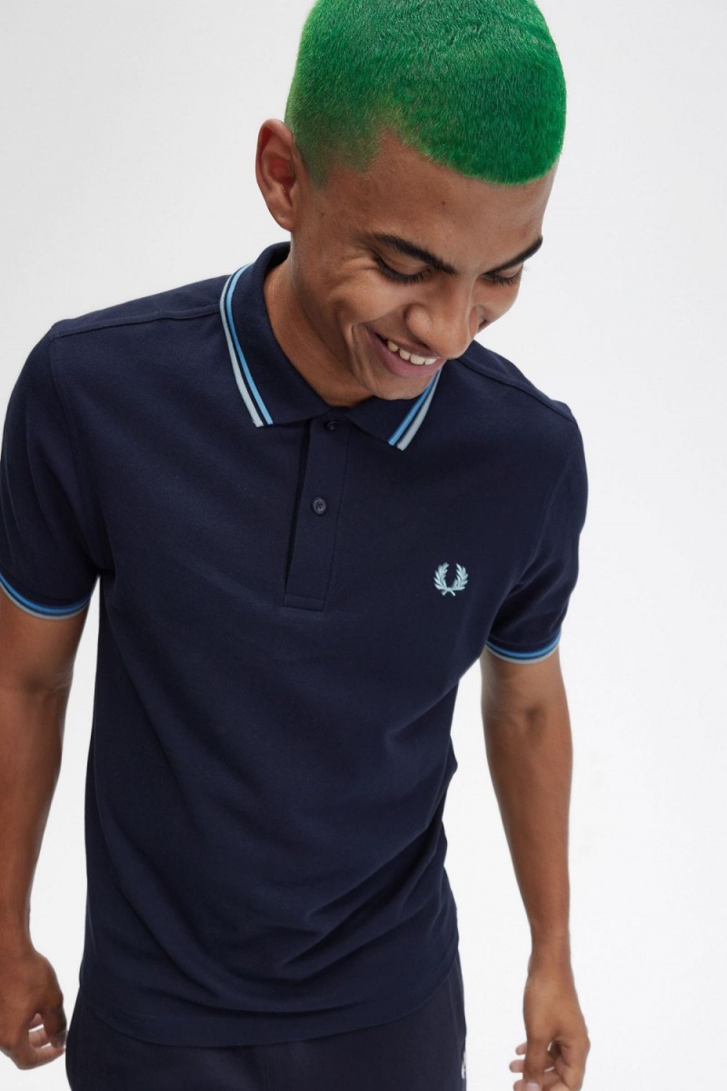 Fred Perry M3600 Men's Shirt Navy Soft Blue Silver Blue | FOZDN5063