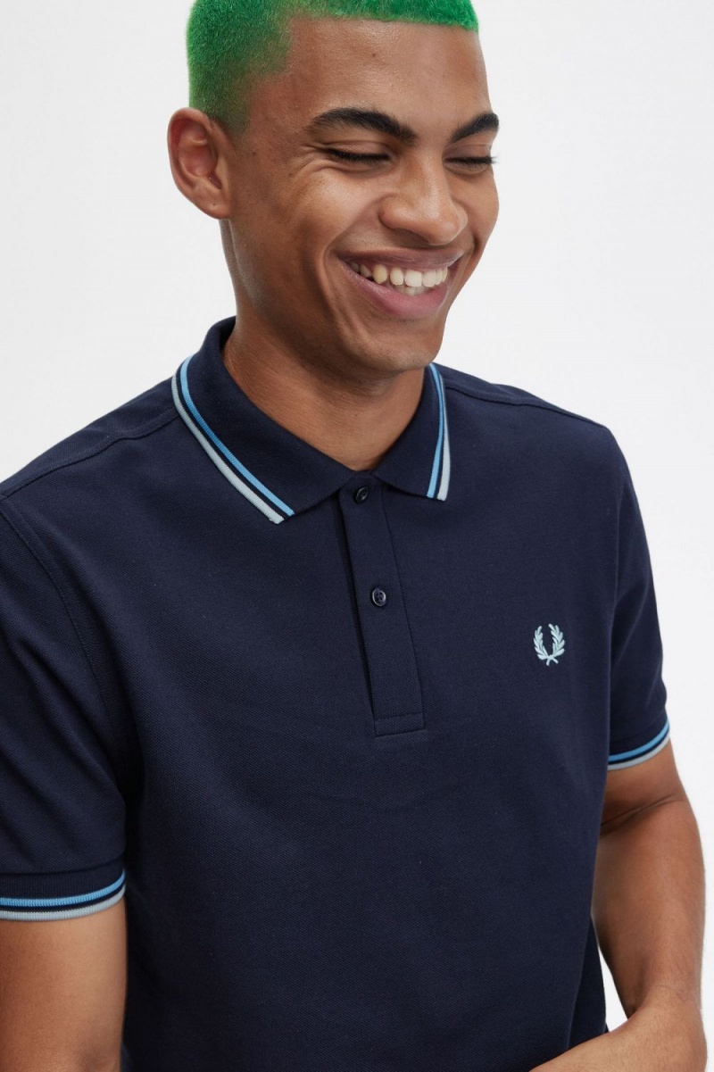 Fred Perry M3600 Men's Shirt Navy Soft Blue Silver Blue | FOZDN5063