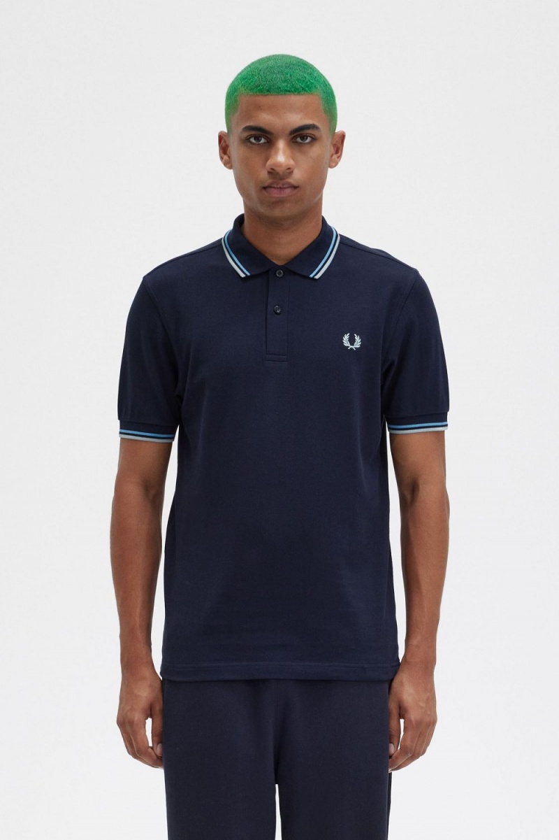 Fred Perry M3600 Men\'s Shirt Navy Soft Blue Silver Blue | FOZDN5063