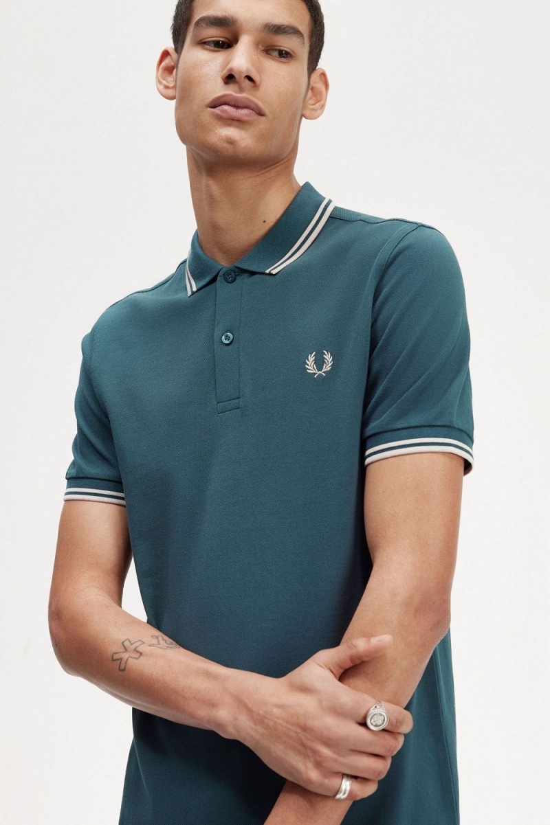 Fred Perry M3600 Men's Shirt Petrol Blue Light Mint | IKGOV1592