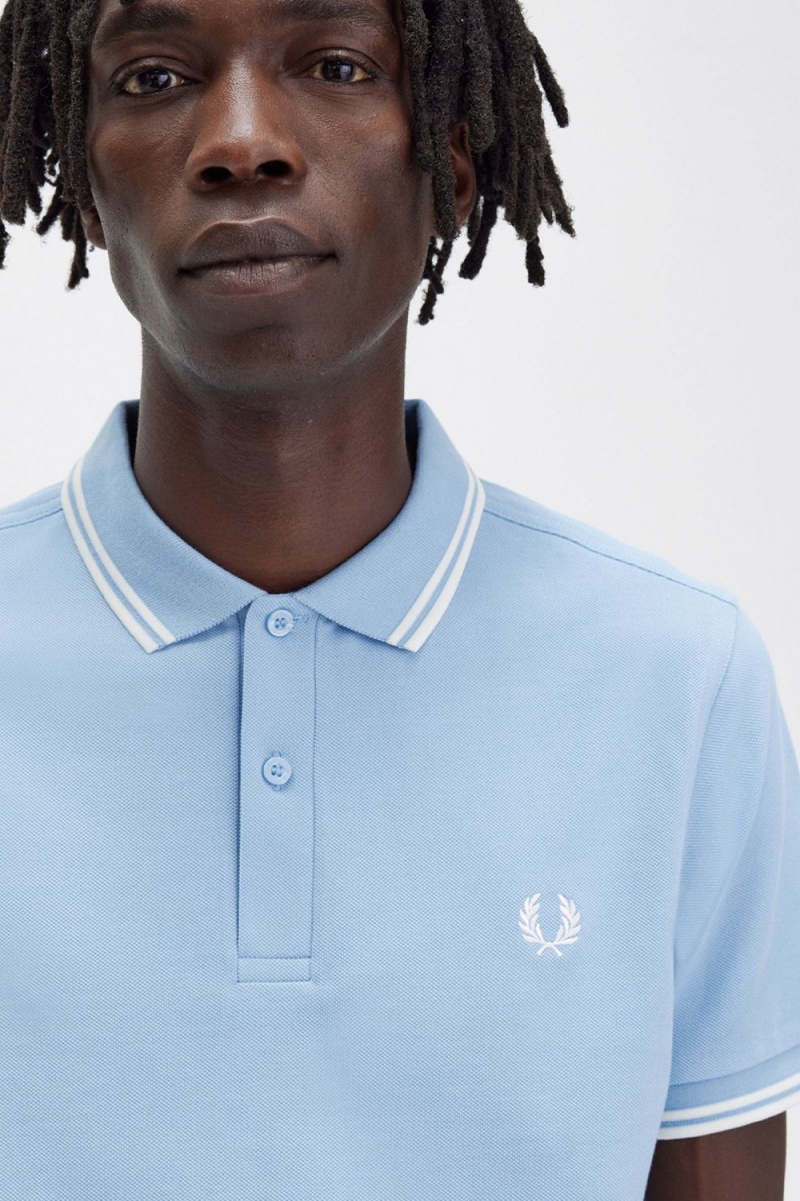 Fred Perry M3600 Men's Shirt Sky Blue Snow White | TDYCR7365