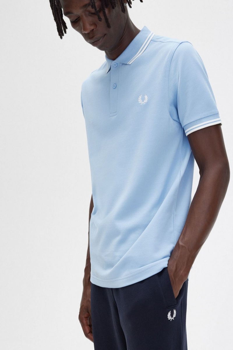 Fred Perry M3600 Men's Shirt Sky Blue Snow White | TDYCR7365