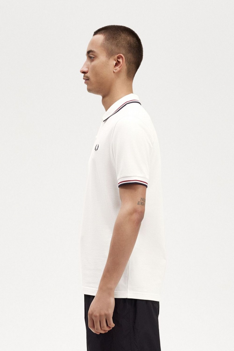 Fred Perry M3600 Men's Shirt Snow White Burnt Red Navy | NYSXV2369