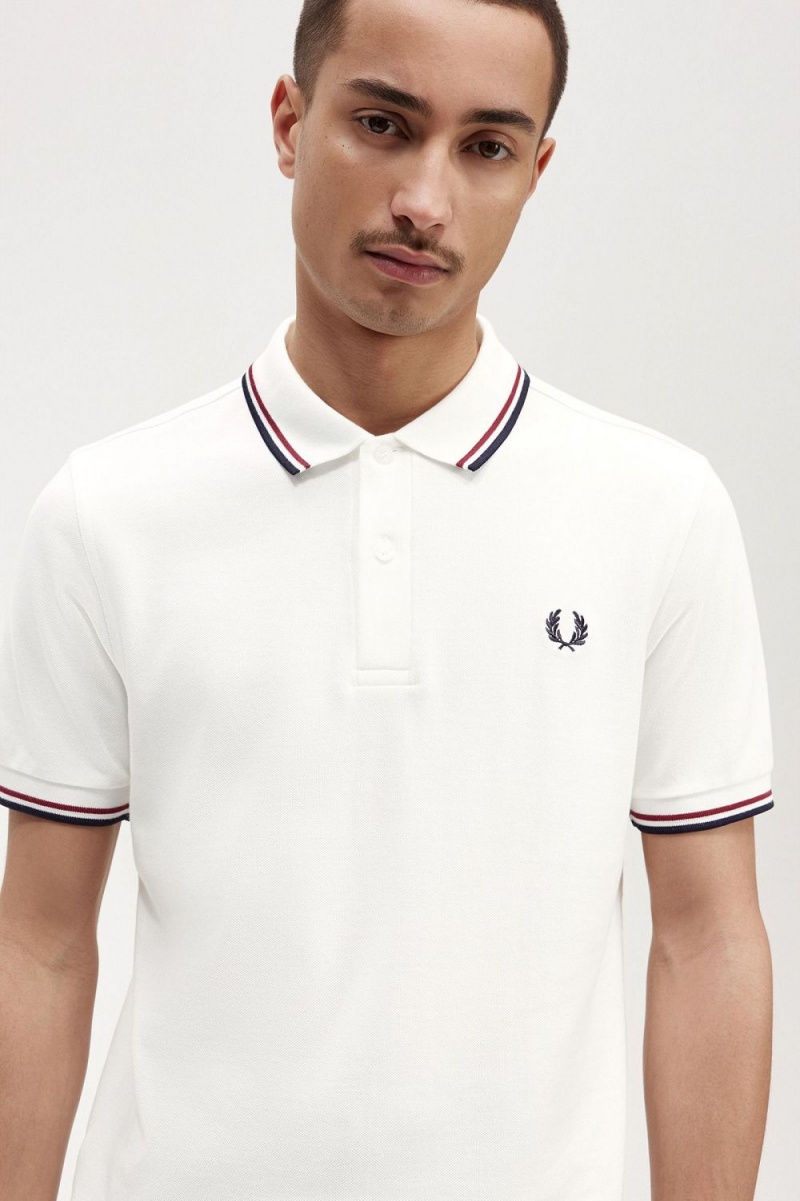 Fred Perry M3600 Men's Shirt Snow White Burnt Red Navy | NYSXV2369