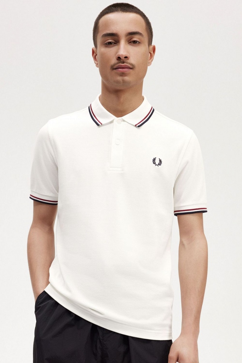 Fred Perry M3600 Men's Shirt Snow White Burnt Red Navy | NYSXV2369