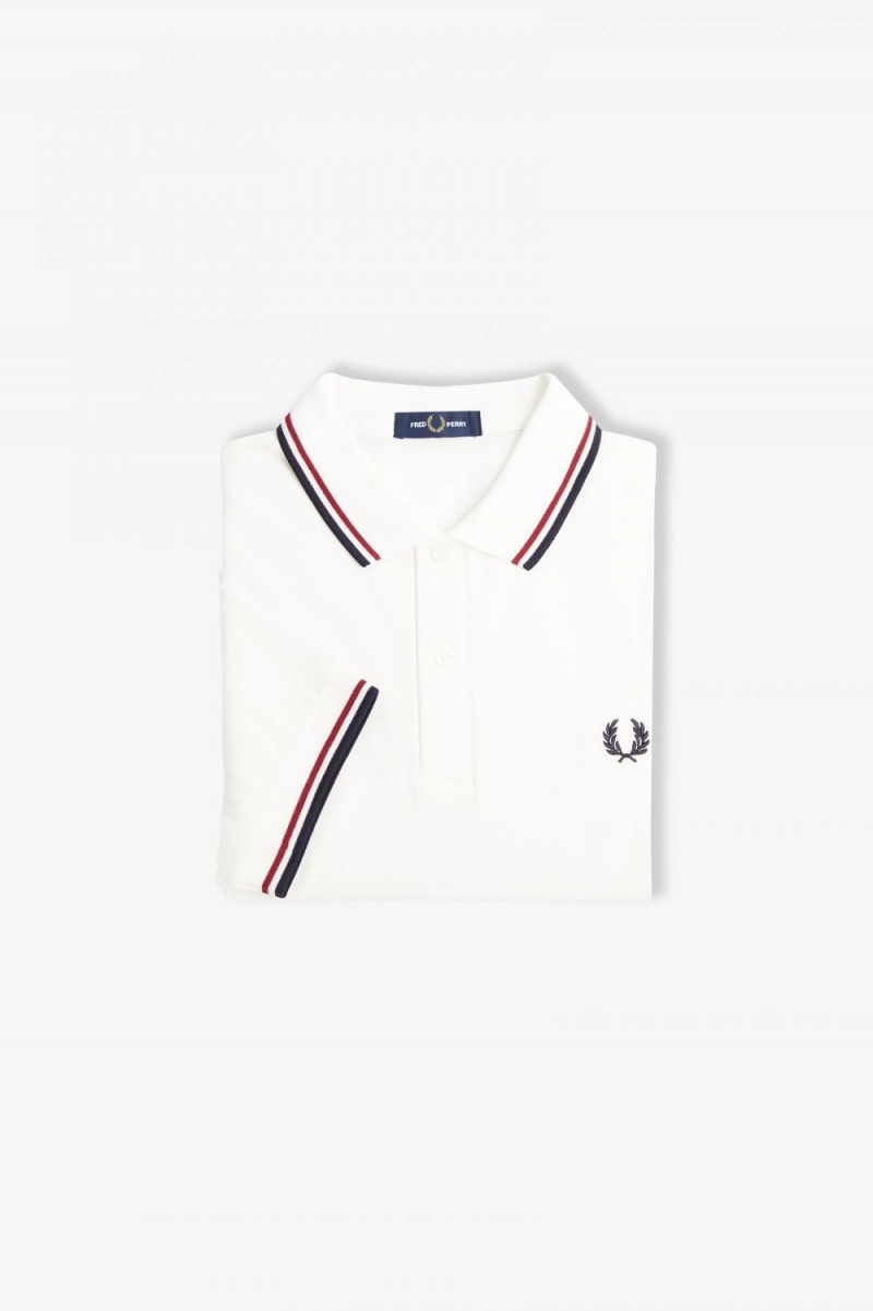 Fred Perry M3600 Men's Shirt Snow White Burnt Red Navy | NYSXV2369