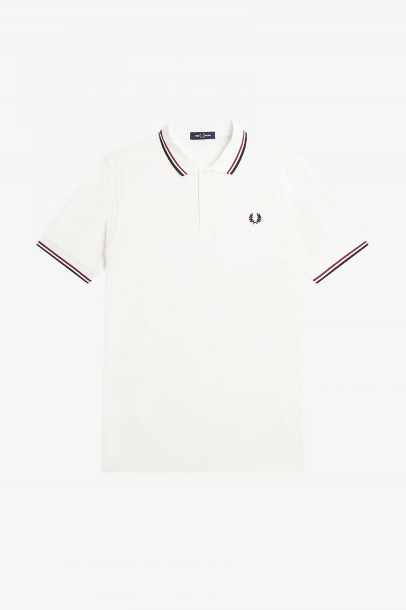 Fred Perry M3600 Men's Shirt Snow White Burnt Red Navy | NYSXV2369