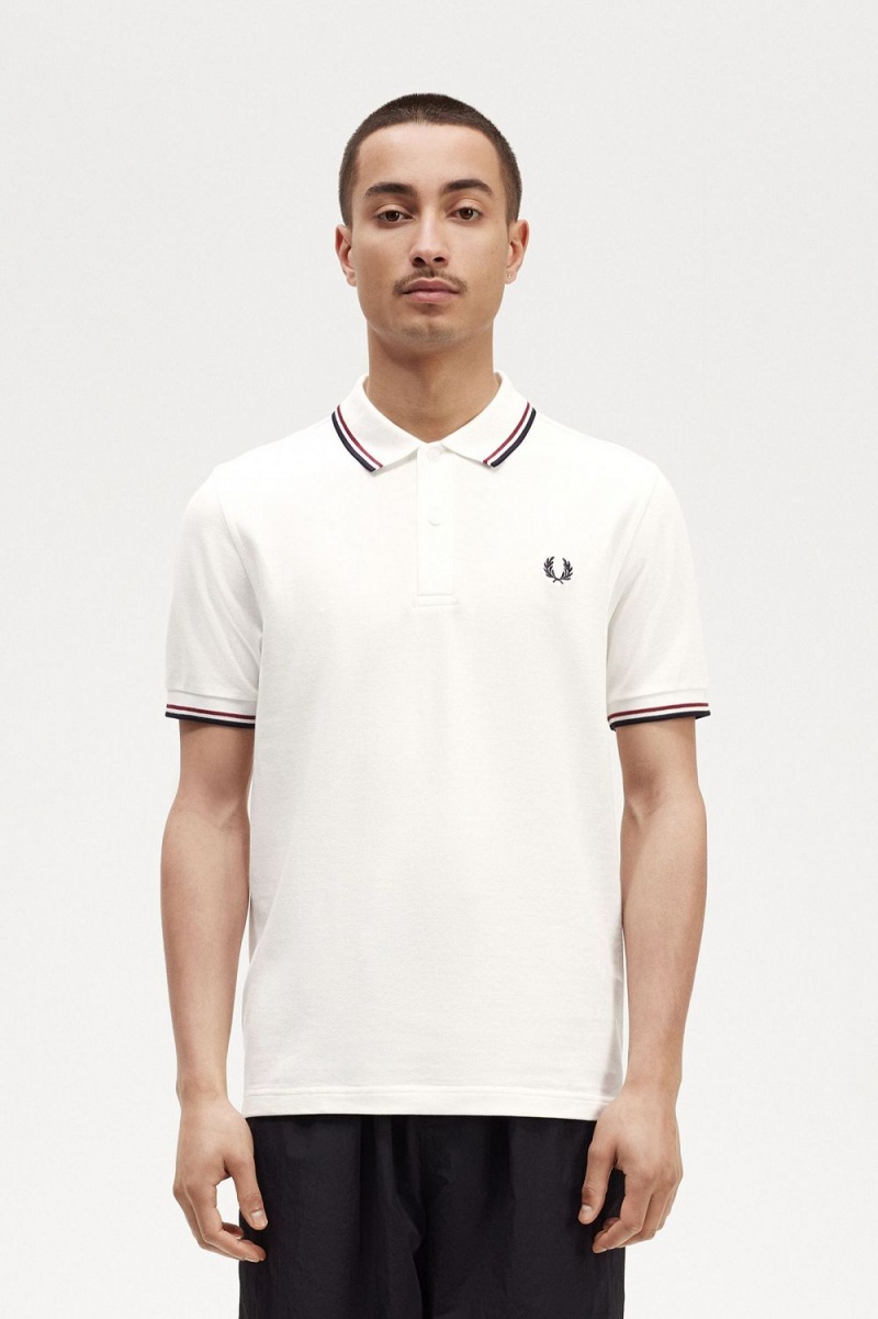 Fred Perry M3600 Men\'s Shirt Snow White Burnt Red Navy | NYSXV2369