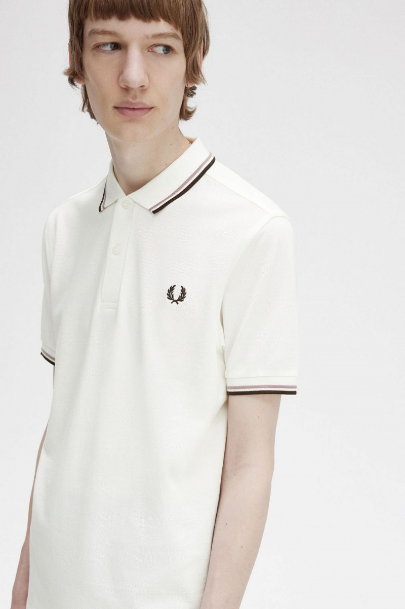 Fred Perry M3600 Men's Shirt Snow White Deep Pink Burnt Tobacco | JYPDN7698