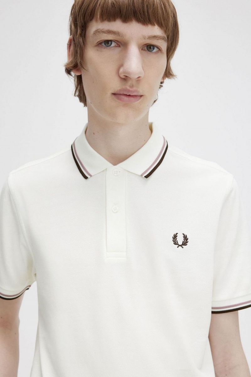 Fred Perry M3600 Men's Shirt Snow White Deep Pink Burnt Tobacco | JYPDN7698