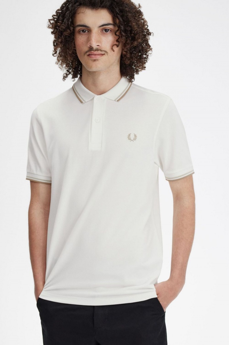 Fred Perry M3600 Men's Shirt Snow White Oatmeal Green | FERGX5814