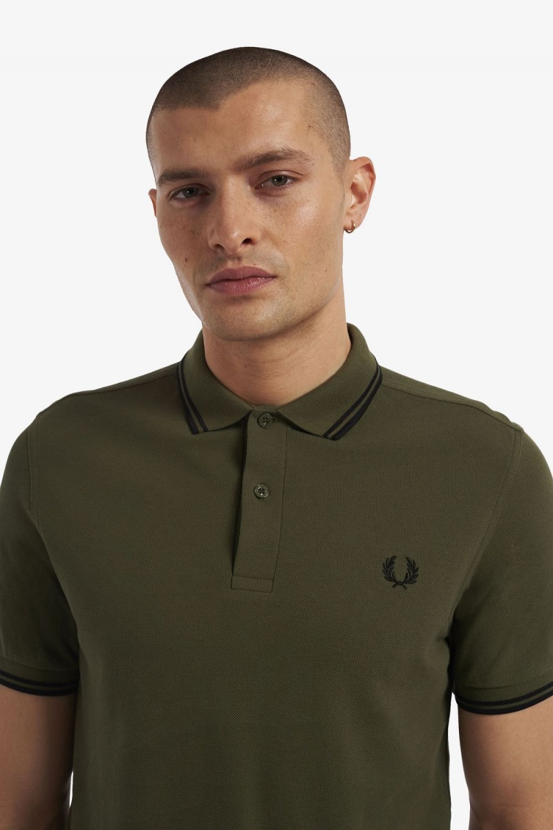 Fred Perry M3600 Men\'s Shirt Uniform Green Black | MJEKF9341